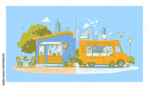 Colorful Cartoon Food Stand and Truck in Urban Landscape Illustration