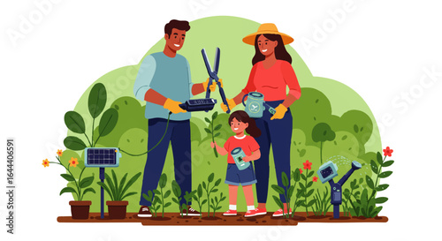 Happy cartoon family with child gardening together using modern eco-friendly tools like a solar panel and smart sprinkler.