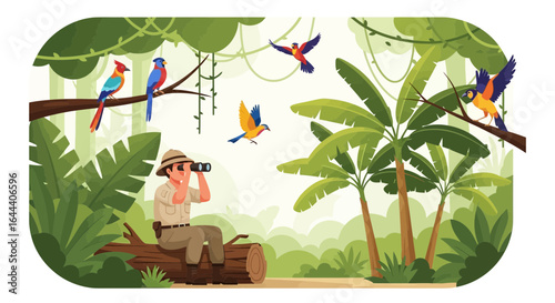 Illustration of a birdwatcher observing birds in a vibrant tropical jungle habitat
