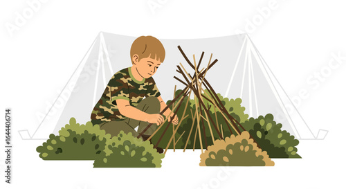 Illustration of a boy building a teepee in a camping setting surrounded by nature