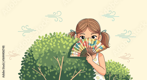 Illustration of a girl hiding behind a bush with a fan, portraying summer vibes and playful innocence