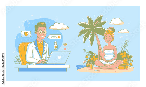 Cartoon Vector Illustration of Doctor and Relaxing Woman in Nature