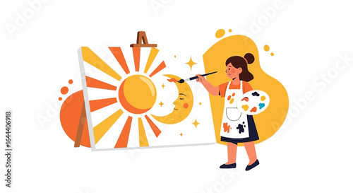 Illustration of a girl painting sun and moon on canvas perfect artistic expression