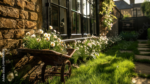 Wallpaper Mural Charming garden scene featuring rustic wheelbarrow filled with blooming flowers, set against stone wall. Sunlight casts warm glow on lush green grass, creating serene and inviting atmosphere Torontodigital.ca