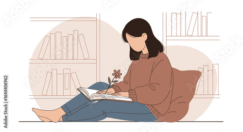 Illustration of a girl reading a book with a flower, surrounded by bookshelves in cozy setting