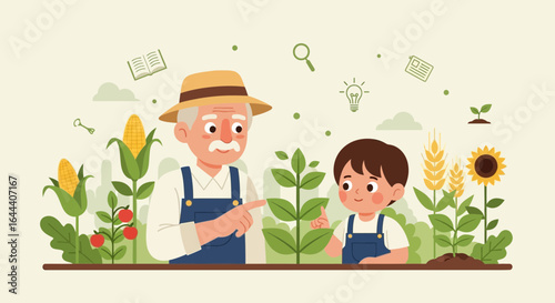 Illustration of a grandfather teaching his grandson about farming and agriculture in the garden