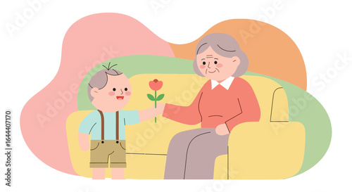 Illustration of a grandson giving a flower to his grandmother on the couch a heartwarming vector art piece