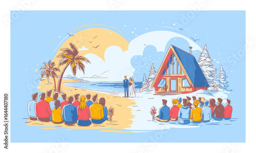 Couple Wedding Scene at Beach and Winter with Guests in Cartoon Style