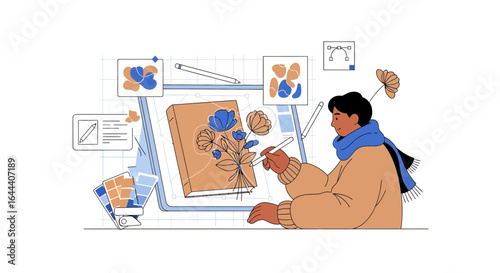 Illustration of a graphic designer creating artwork on a digital device with tools and colors