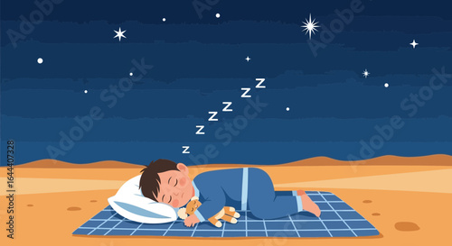 Illustration of a boy sleeping soundly with teddy bear under starry night sky