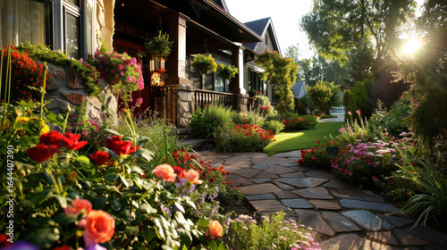 Wallpaper Mural Beautiful garden pathway leads to charming house, surrounded by vibrant flowers and lush greenery. warm sunlight casts golden glow, enhancing serene atmosphere of this picturesque setting Torontodigital.ca