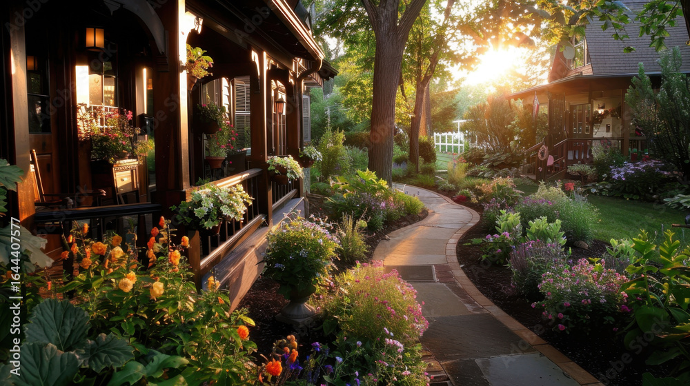Beautiful garden pathway lined with vibrant flowers leads to charming wooden houses bathed in warm sunlight. scene evokes sense of tranquility and natural beauty Beautiful garden pathway lined with vibrant flowers leads to charming wooden houses bathed in warm sunlight. scene evokes sense of tranquility and natural beauty