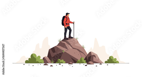 Illustration of a hiker at the summit of a mountain enjoying the view and nature
