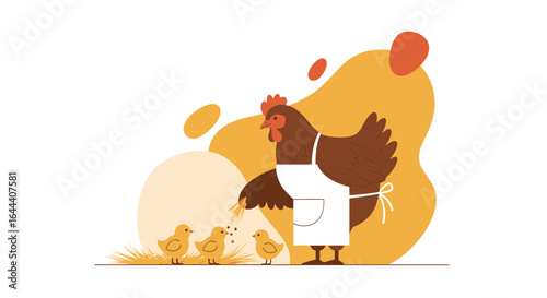 Illustration of a hen wearing an apron feeding her chicks in a stylized scene farm life concept with soft colors and playful design