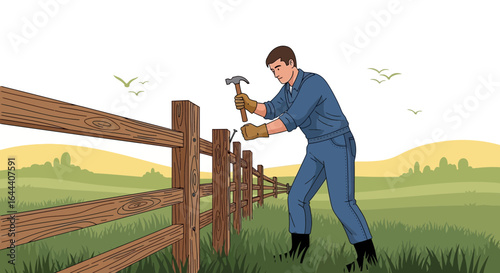 Illustration of a hardworking farmer repairing a wooden fence on a sunny countryside landscape with green grass and birds