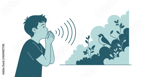 Illustration of a boy whistling to a bird in nature conveying communication and connection