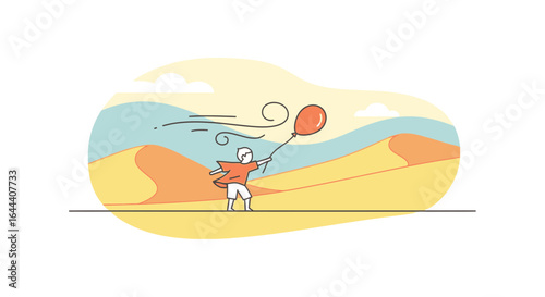 Illustration of a boy with a balloon in a windy desert landscape, symbolizing freedom and adventure