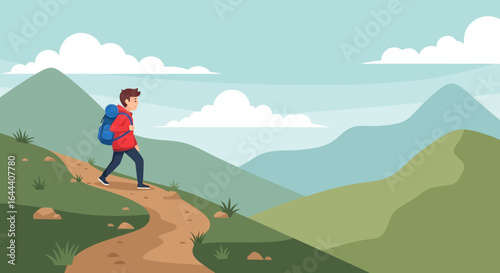 Illustration of a Hiker on a Mountain Trail with Backpack Enjoying the Scenery