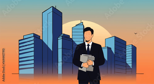 Illustrated faceless businessman in a dark blue suit and tie, holding a stack of grey folders.