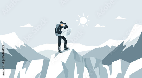 Illustration of a hiker with a backpack looking at a map on a snowy mountain peak with a sun in the sky