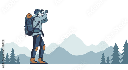 Illustration of a hiker using binoculars in a mountainous landscape vector design concept