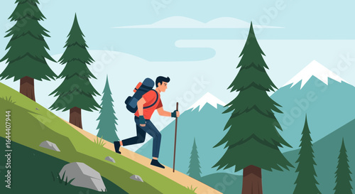 Illustration of a hiker with backpack trekking up a mountain trail in a scenic landscape