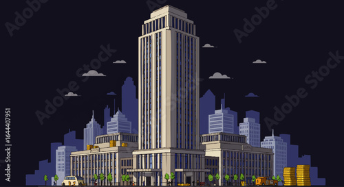 Illustrated financial district with a central skyscraper, city life, and stacks of gold coins at night.