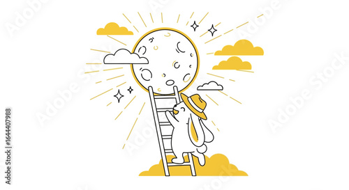 Illustration of a bunny climbing a ladder to reach the moon among stars and clouds