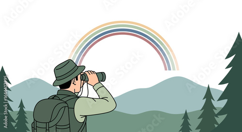 Illustration of a hiker with binoculars in a serene landscape watching a rainbow