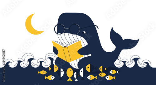 Illustration of a cartoon whale with glasses reading a book underwater at night swimming with school of fish