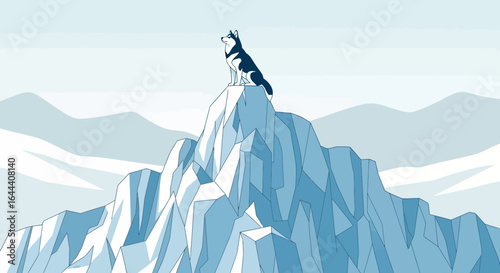 Illustration of a husky dog sitting on the top of a high ice mountain peak