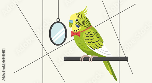 Illustration of a charming budgerigar perched beside a mirror in its whimsical cage