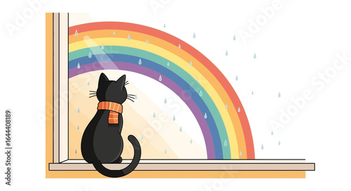 Illustration of a charming black cat in a scarf observing a colorful rainbow after the rain from a cozy windowsill