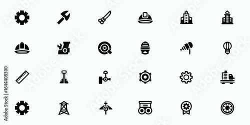 Engineering & Industrial Tools Line Art Vector Icons — Gears, Machinery, Blueprints, Safety Gear, Robotics, and Technical Design Symbols

