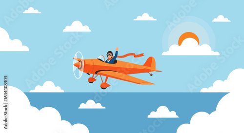 Illustration of a joyful pilot in a vintage airplane flying through a cloudy sky on a sunny day