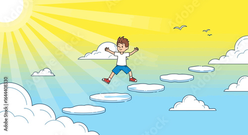 Illustration of a cheerful boy leaping across cloud steps under a sunny sky