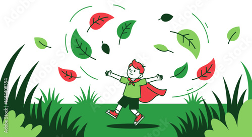 Illustration of a cheerful boy playing in nature with falling leaves and vibrant green grass a whimsical and uplifting nature theme