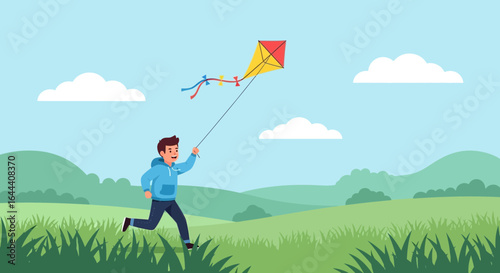 Illustration of a joyful young man running and flying a colorful kite in a scenic landscape