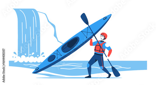 Illustration of a kayaker carrying kayak near a waterfall, representing outdoor adventure and recreation