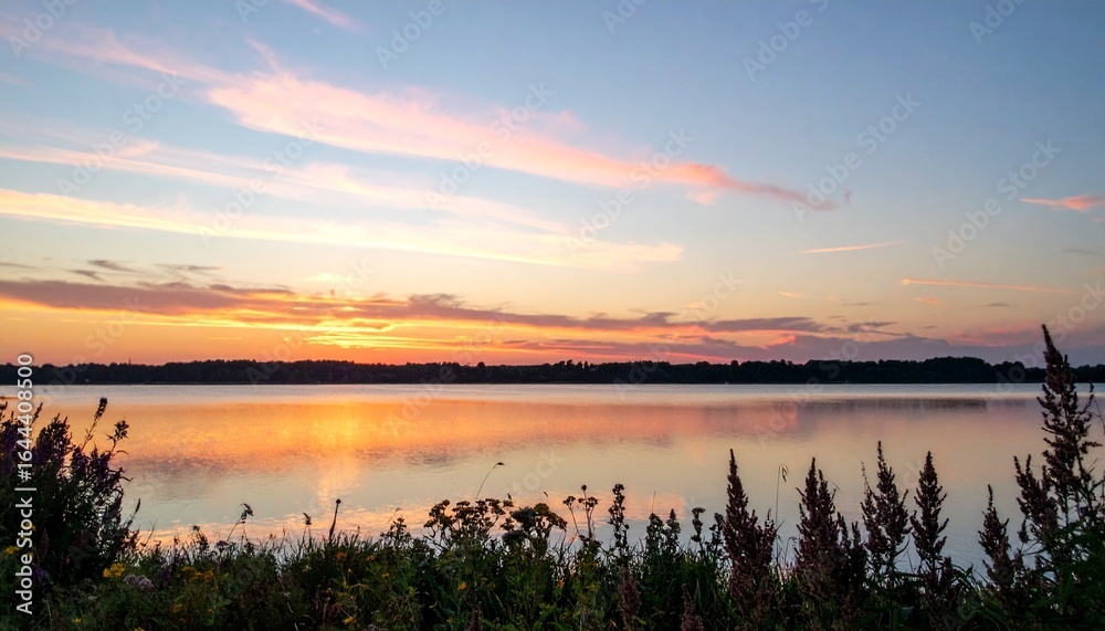 Obraz premium 夕暮れ時、穏やかな湖面に柔らかなピンクとオレンジの雲が映り込みます。手前には晩夏の野花が広がり、静かで温かな自然の美しさを演出しています。