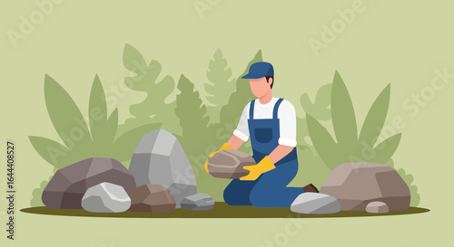Illustration of a landscaper worker installing rocks in a garden with greenery background in vector format