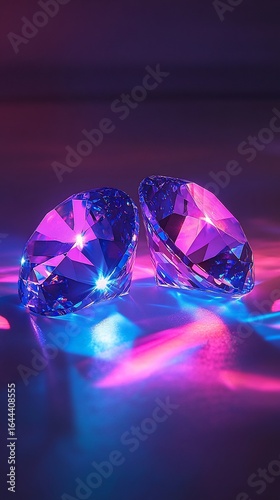 Two vibrant, faceted gems, bathed in neon pink and blue light, gleam against a dark backdrop
