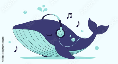 Illustration of a cheerful whale wearing headphones enjoying music in the ocean