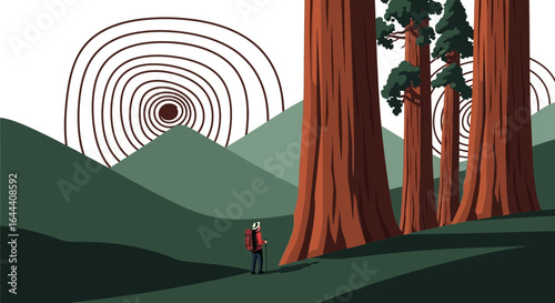 Illustration of a lone hiker standing amidst towering redwood trees and stylized mountains