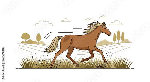 Illustration of a majestic brown horse galloping freely across a picturesque meadow landscape