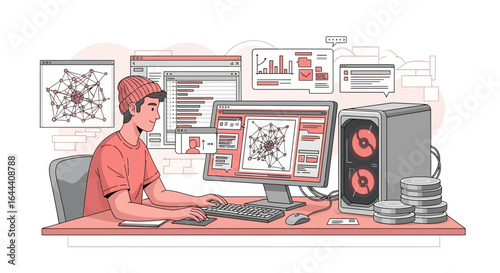 Illustration of a male developer working on a computer with various open windows displaying code and data