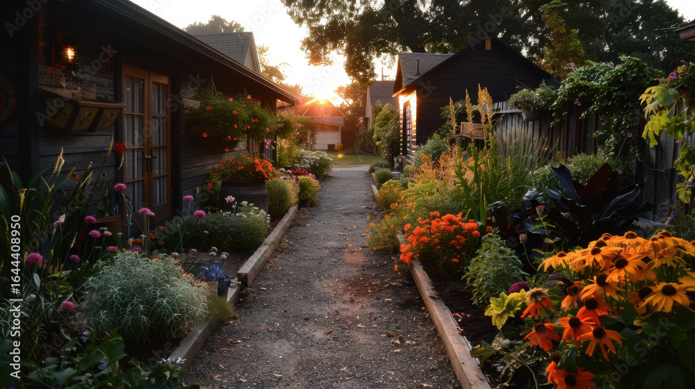 Serene garden pathway lined with vibrant flowers and lush greenery, illuminated by warm glow of sunset. This picturesque scene evokes sense of tranquility and natural beauty Serene garden pathway lined with vibrant flowers and lush greenery, illuminated by warm glow of sunset. This picturesque scene evokes sense of tranquility and natural beauty