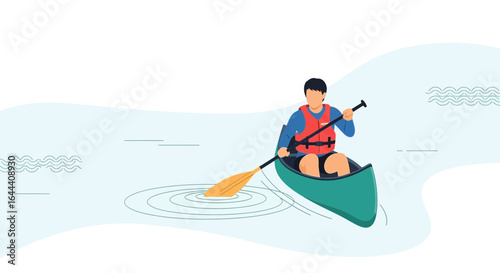 Illustration of a man canoeing wearing a life jacket in a calm lake during summer day