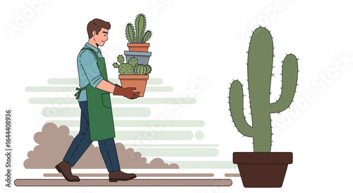 Illustration of a man carrying cactus plants in pots with a large cactus plant