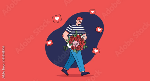 Illustration of a man carrying flowers surrounded by social media like icons representing online affirmation